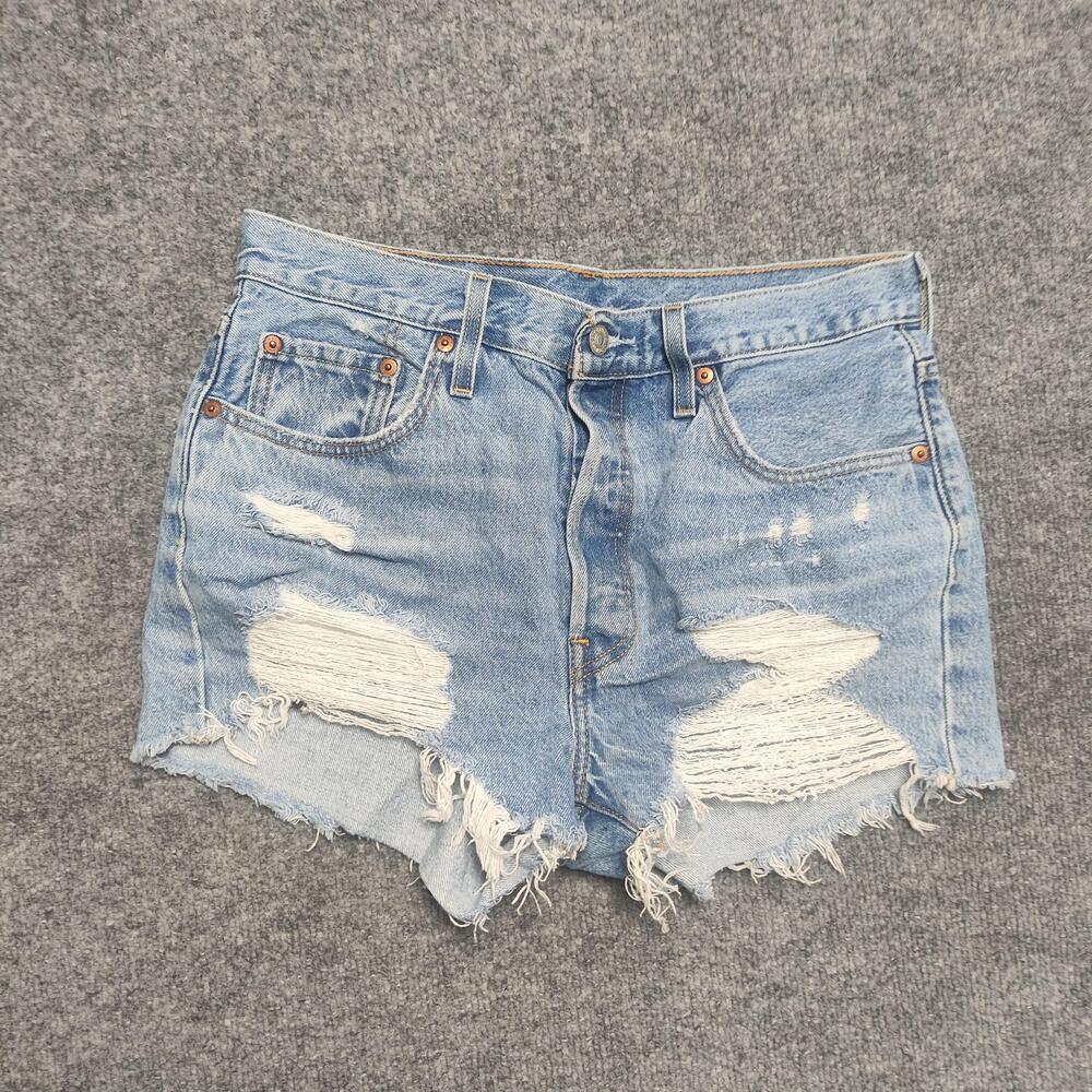 Levis Denim Shorts Womens W29 Blue Button Fly Distressed Cutoff Raw Hem Casual